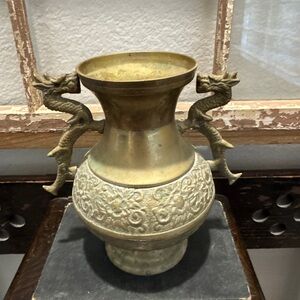 Antique Brass Vase with Dragon Handles